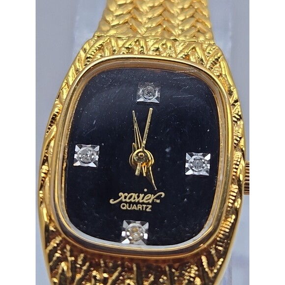 Xavier Womens Quartz Gold Tone Diamond Watch Basket Weave Bracelet New Battery - Picture 4 of 10